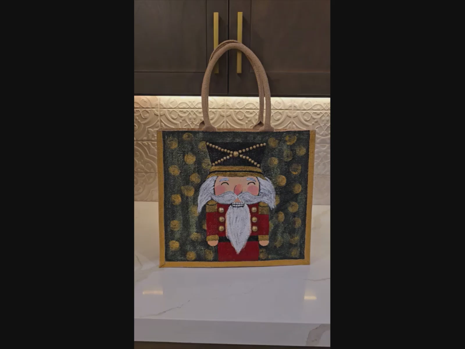 Hand-painted classic nutcracker tote with golden bokeh background, 
Festive nutcracker artwork on artisan jute bag, Traditional holiday nutcracker on lined jute tote