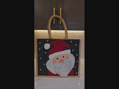 Classic Santa Portrait Hand-Painted Jute Tote Bag (Snowfall Night)