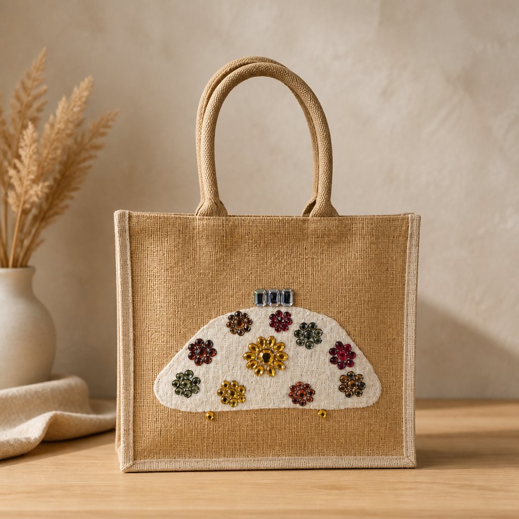 Hand-painted natural jute tote bag featuring a white half-moon purse design embellished with colorful jewel-like floral accents in gold, red, green, and amber tones. The structured tote has rounded woven handles and a neutral background, giving it an elegant artisan-inspired look.