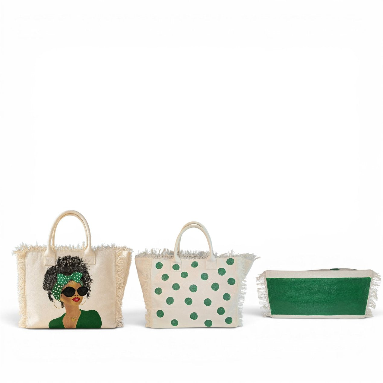 Green Polka Dot Muse fringed tote bag shown from the front, back with hand-painted green polka dots, and bottom with coordinating green painted detail