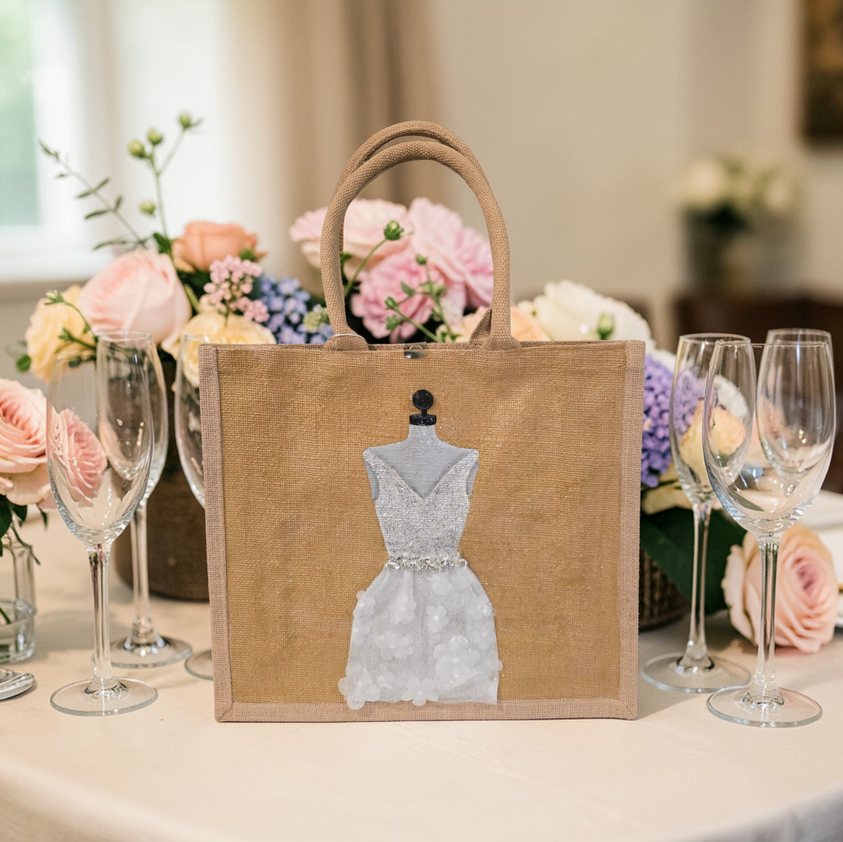 Hand-painted jute tote bag featuring an elegant white bridal dress with shimmering details on a natural canvas background