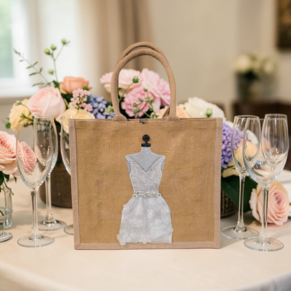 Hand-painted jute tote bag featuring an elegant white bridal dress with shimmering details on a natural canvas background