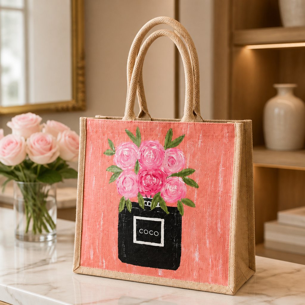 Hand-painted jute tote bag featuring a coral pink background with a black perfume bottle vase filled with pink floral blooms and green leaves. The structured tote has natural woven handles and a feminine, fashion-inspired design with playful boutique-style charm.