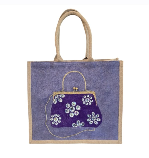 Hand-painted lavender jute tote bag featuring an embellished purple vintage-style purse design with sparkling jewel accents and dimensional floral details. Elegant fashion-inspired statement tote with natural jute trim, double handles, and magnetic snap closure. Perfect for boutique fashion lovers, dressy occasions, and unique handmade gift giving.