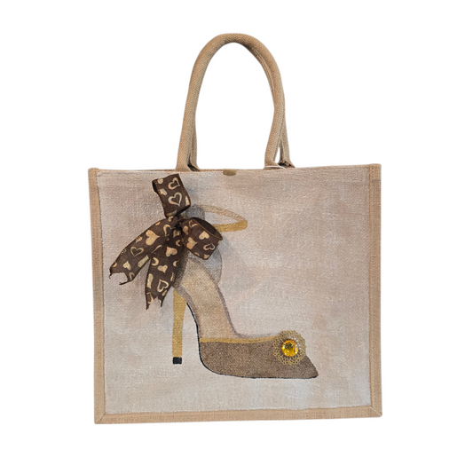 Hand-painted and embellished brown and gold stiletto design tote bag from Dana's Uncommon Glass