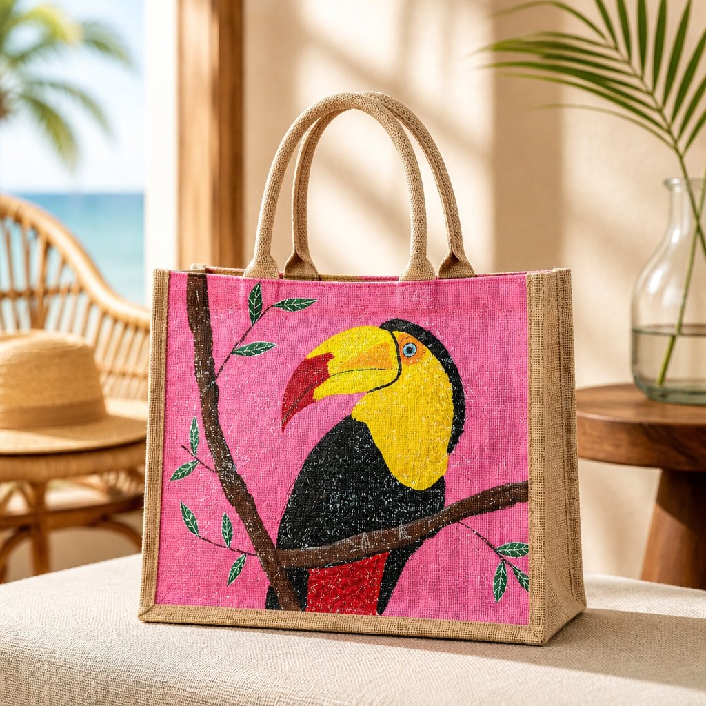 Hand-painted jute tote bag featuring a colorful toucan perched on a branch against a bright pink background, with natural burlap sides and handles.