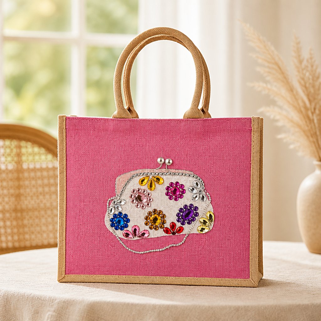 Hand-painted pink jute tote bag featuring a jeweled evening clutch design with colorful gem embellishments, bringing bold glamour and playful elegance to everyday fashion.
