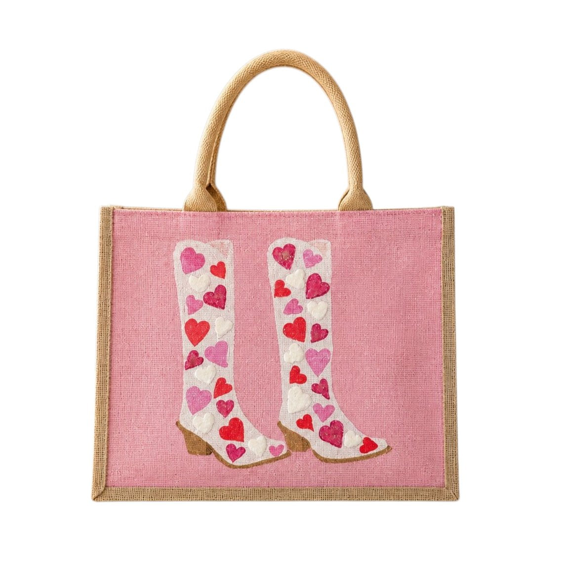 Hand-painted pink jute tote bag featuring white cowboy boots decorated with red, pink, and white heart designs. Romantic western-inspired tote bag with a soft pink background, structured handles, and Valentine-inspired wearable art details.