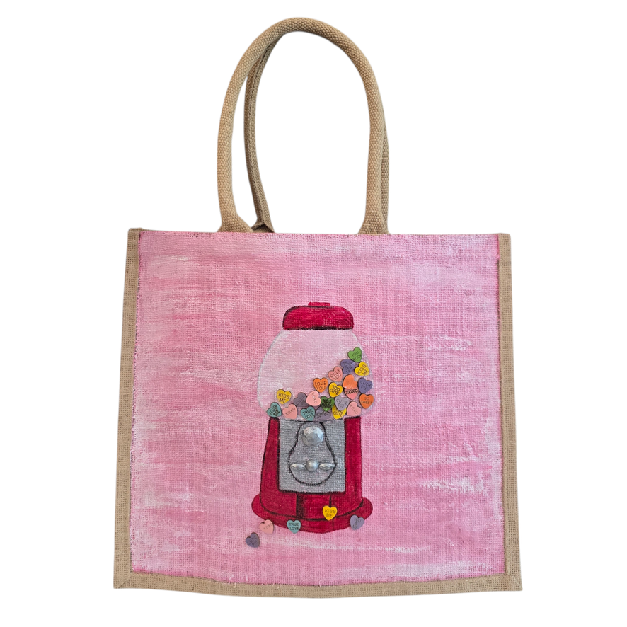 Heart Bubblegum Machine Tote Bag Haned Painted and Embellished by Dana's Uncommon Glass