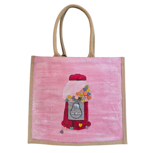 Heart Bubblegum Machine Tote Bag Haned Painted and Embellished by Dana's Uncommon Glass