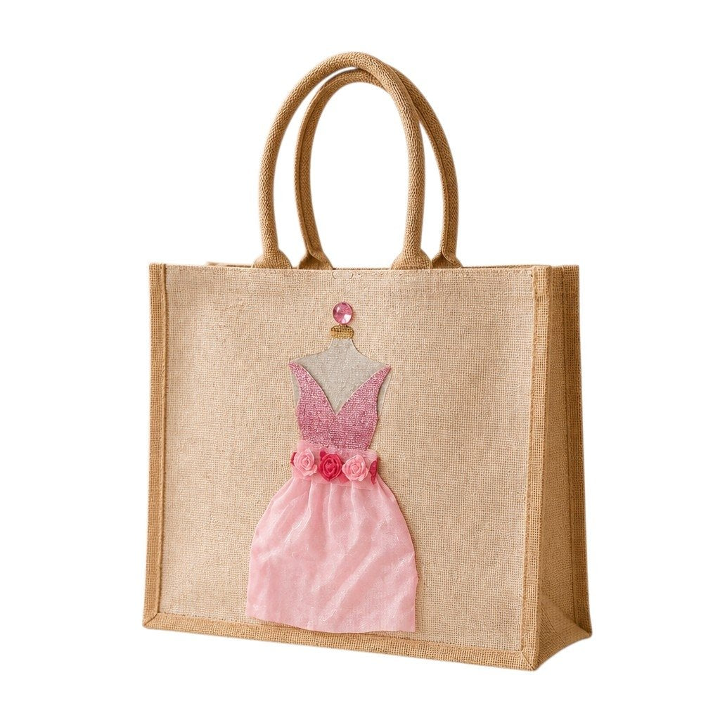 Hand-painted jute tote bag featuring a pink embellished cocktail dress design with floral waist details, rhinestone accents, and layered textured skirt on a natural canvas background.