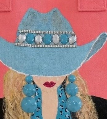 Close-up of the Turquoise Trails hand-painted Western cowgirl artwork featuring a turquoise hat, statement jewelry, and handcrafted embellishments.