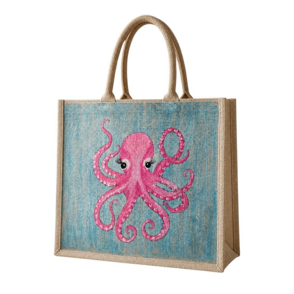 Hand-painted jute tote bag featuring a whimsical pink octopus with curled tentacles and long eyelashes on a soft aqua blue background, finished with natural burlap handles and a beach-inspired coastal style.