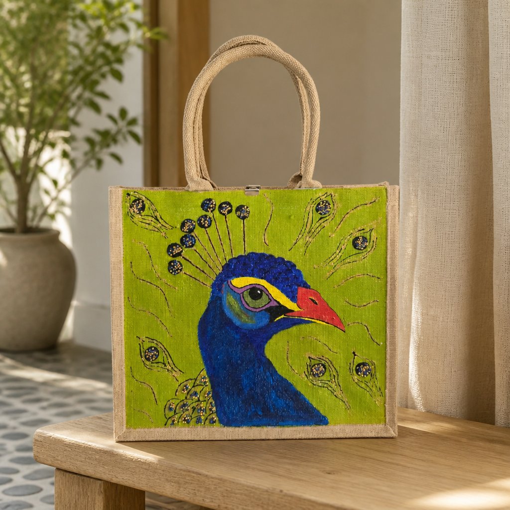Hand-painted peacock tote bag on natural jute canvas featuring a bold blue peacock portrait with colorful feather accents against a vibrant lime green background, finished with long double handles and a structured rectangular shape.