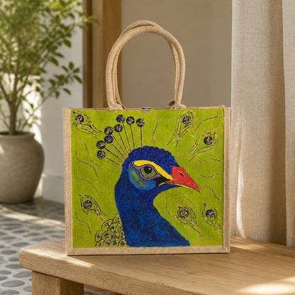 Hand-painted peacock tote bag on natural jute canvas featuring a bold blue peacock portrait with colorful feather accents against a vibrant lime green background, finished with long double handles and a structured rectangular shape.
