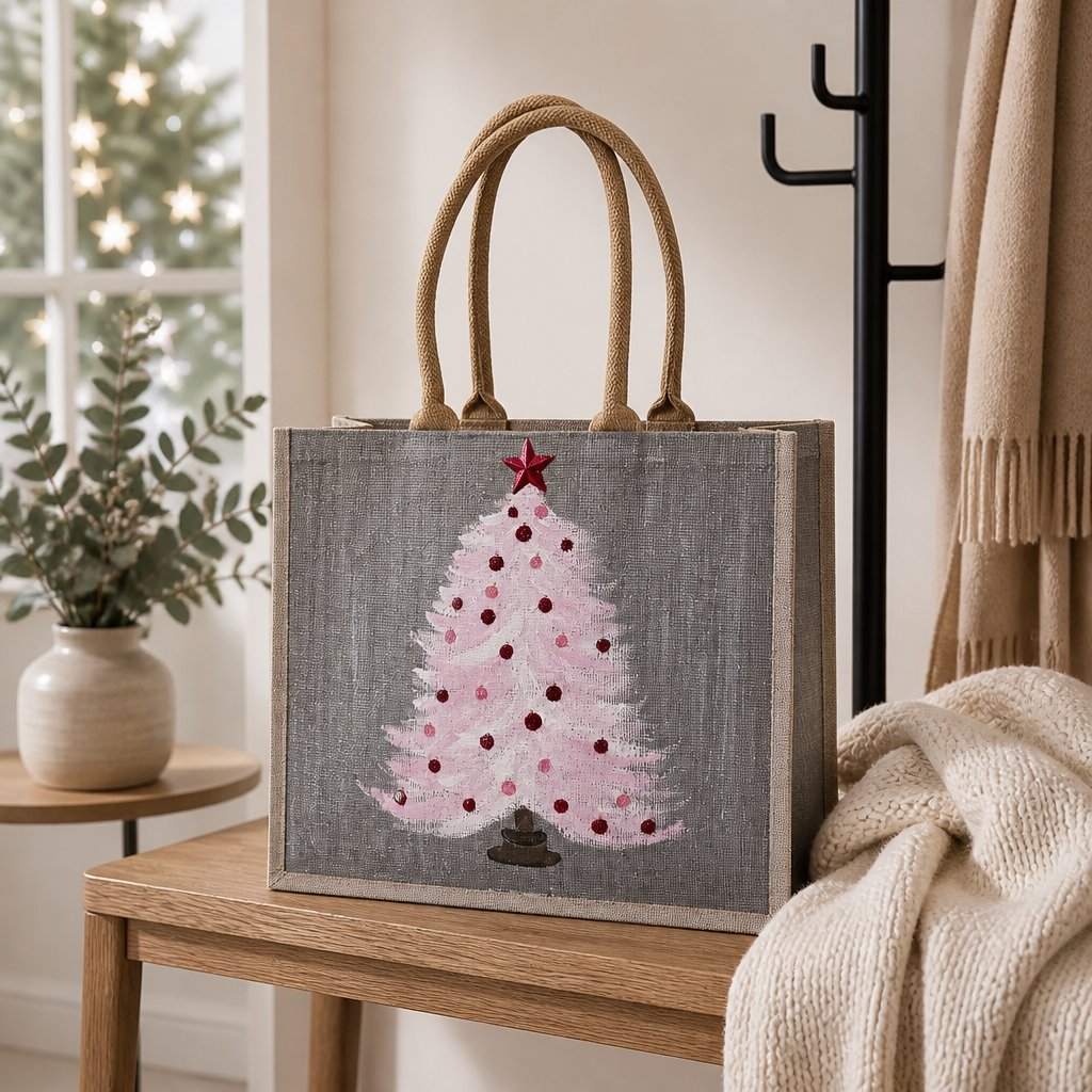 Hand-Painted Pink Christmas Tree Tote Bag