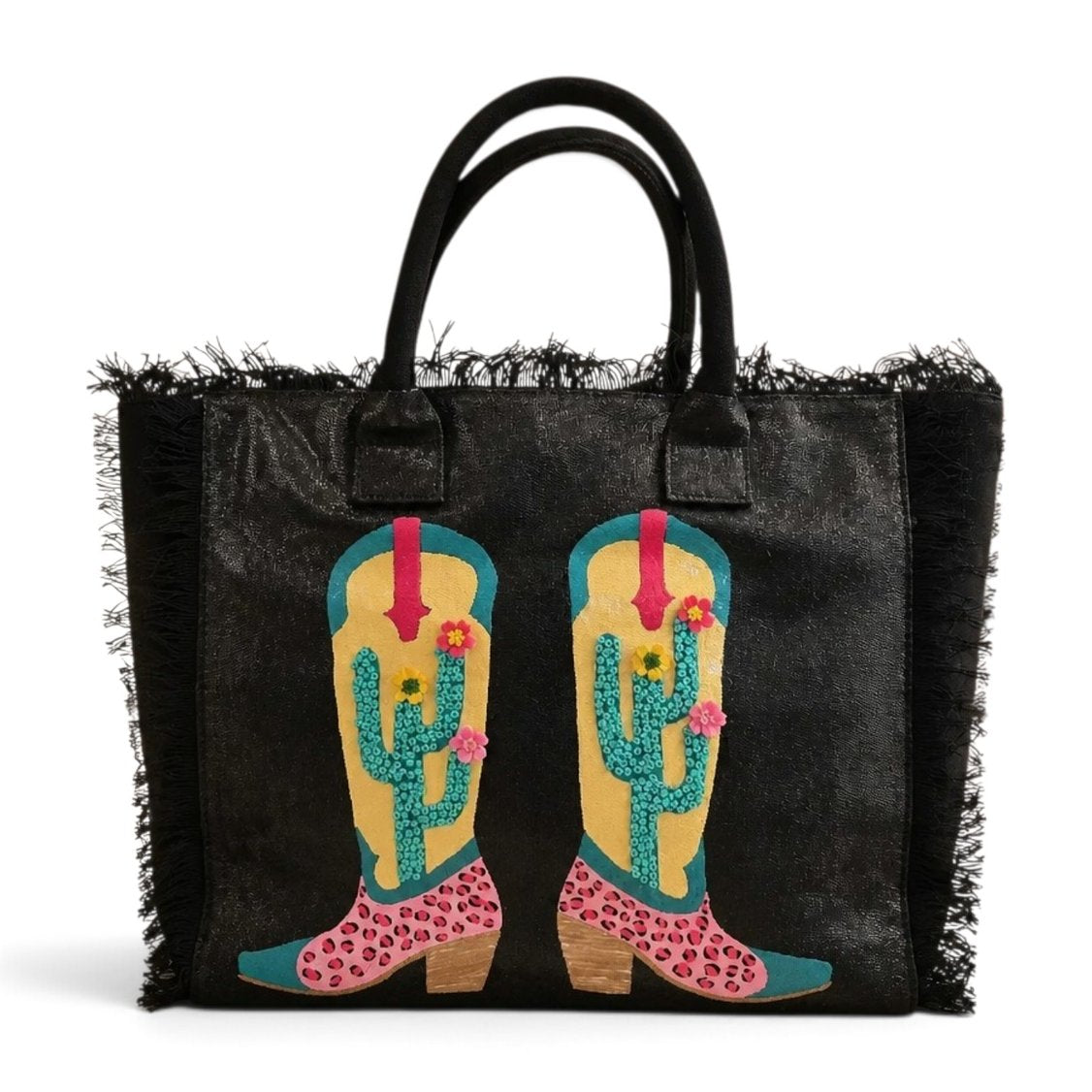 Desert Kicks hand-painted Western tote bag with colorful cowboy boots, blooming cacti, handcrafted embellishments, and black fringe.