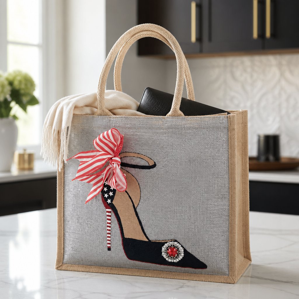 Hand-painted silver jute tote bag displayed on a countertop, featuring a patriotic stiletto design with stars, stripes, a striped bow, and a red jeweled embellishment.