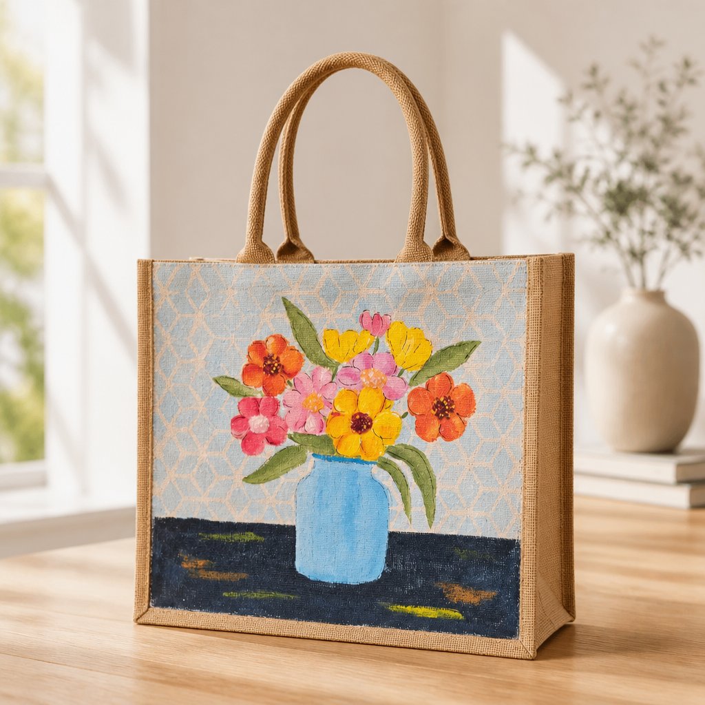 Hand-painted jute tote bag featuring a colorful floral bouquet in a light blue vase against a soft patterned background. The design includes bright pink, yellow, and orange flowers with green leaves, creating a cheerful cottage-inspired look with natural woven handles and artisan charm.
