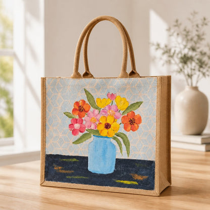 Hand-painted jute tote bag featuring a colorful floral bouquet in a light blue vase against a soft patterned background. The design includes bright pink, yellow, and orange flowers with green leaves, creating a cheerful cottage-inspired look with natural woven handles and artisan charm.