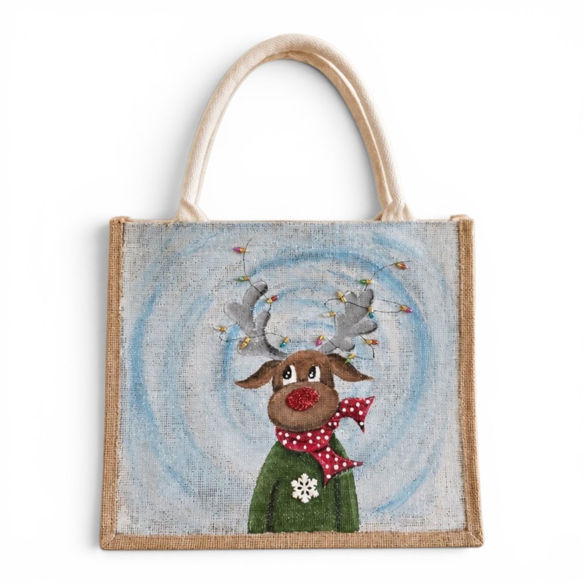 Hand-Painted Reindeer with Christmas Lights Tote Bag