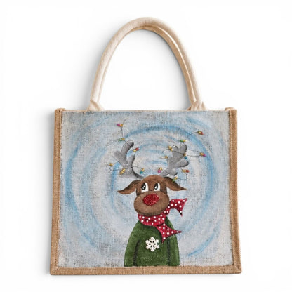 Hand-Painted Reindeer with Christmas Lights Tote Bag