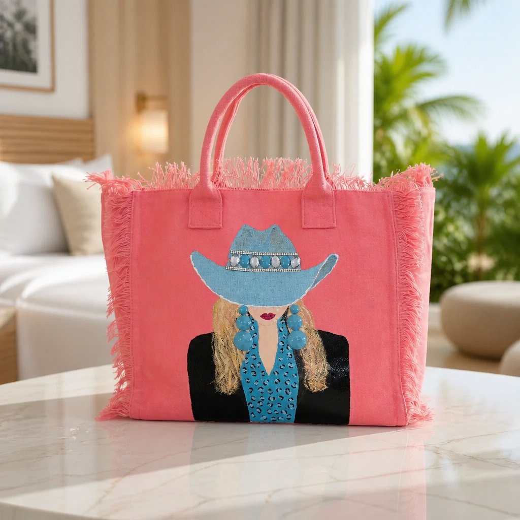 Turquoise Trails hand-painted Western cowgirl fringed tote bag displayed in a luxury resort setting with handcrafted embellishments.