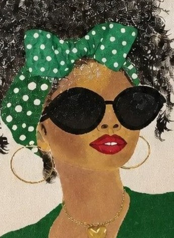 Close-up of the Green Polka Dot Muse featuring a stylish woman with black sunglasses, gold hoop earrings, red lips, and a green polka dot headband.