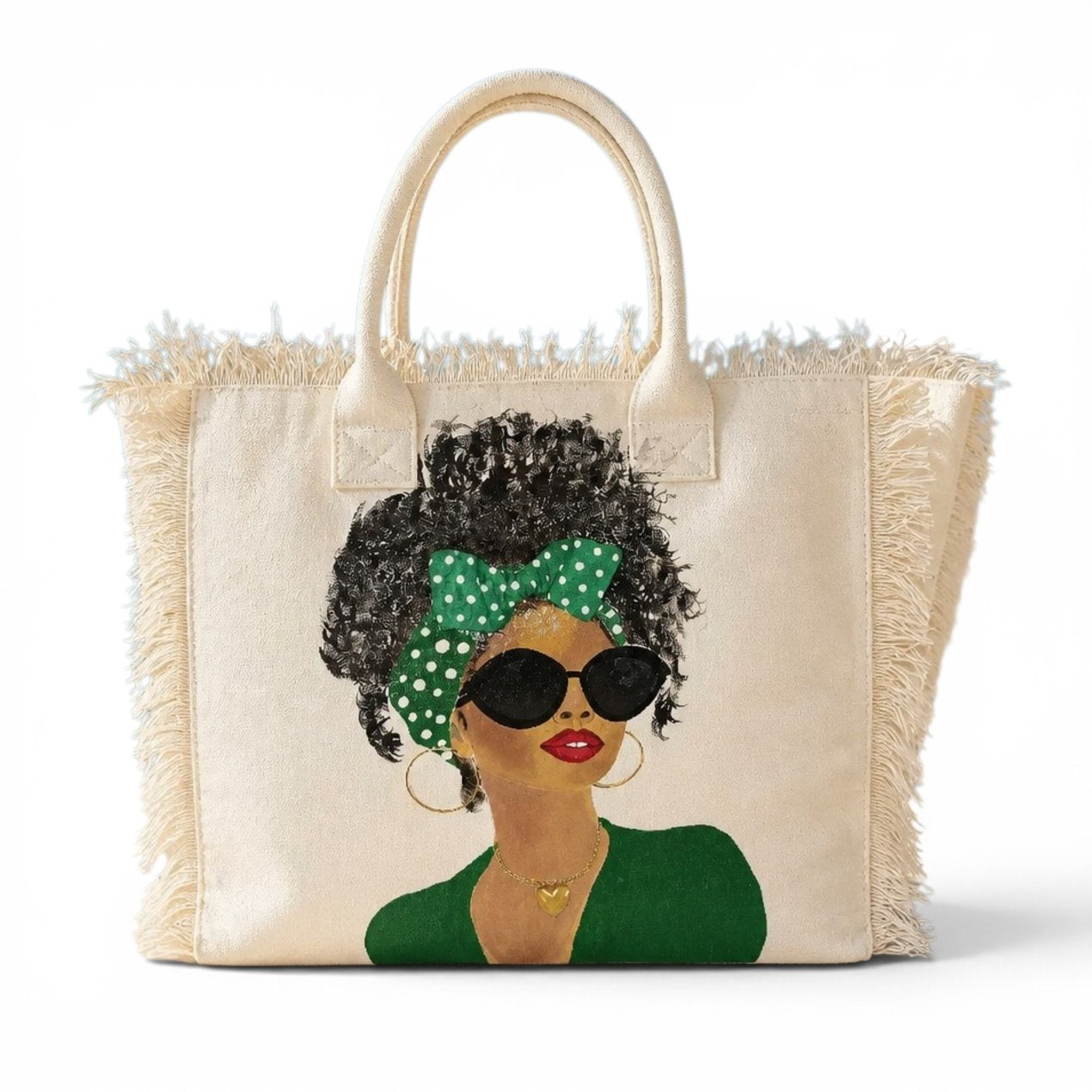 Green Polka Dot Muse hand-painted fringed tote bag featuring a fashionable woman with sunglasses, green polka dot headband, and dimensional textured hair.