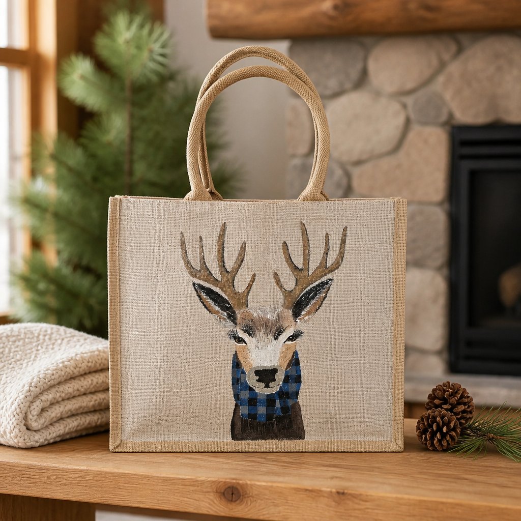 Hand-Painted Buffalo-Plaid Reindeer Tote