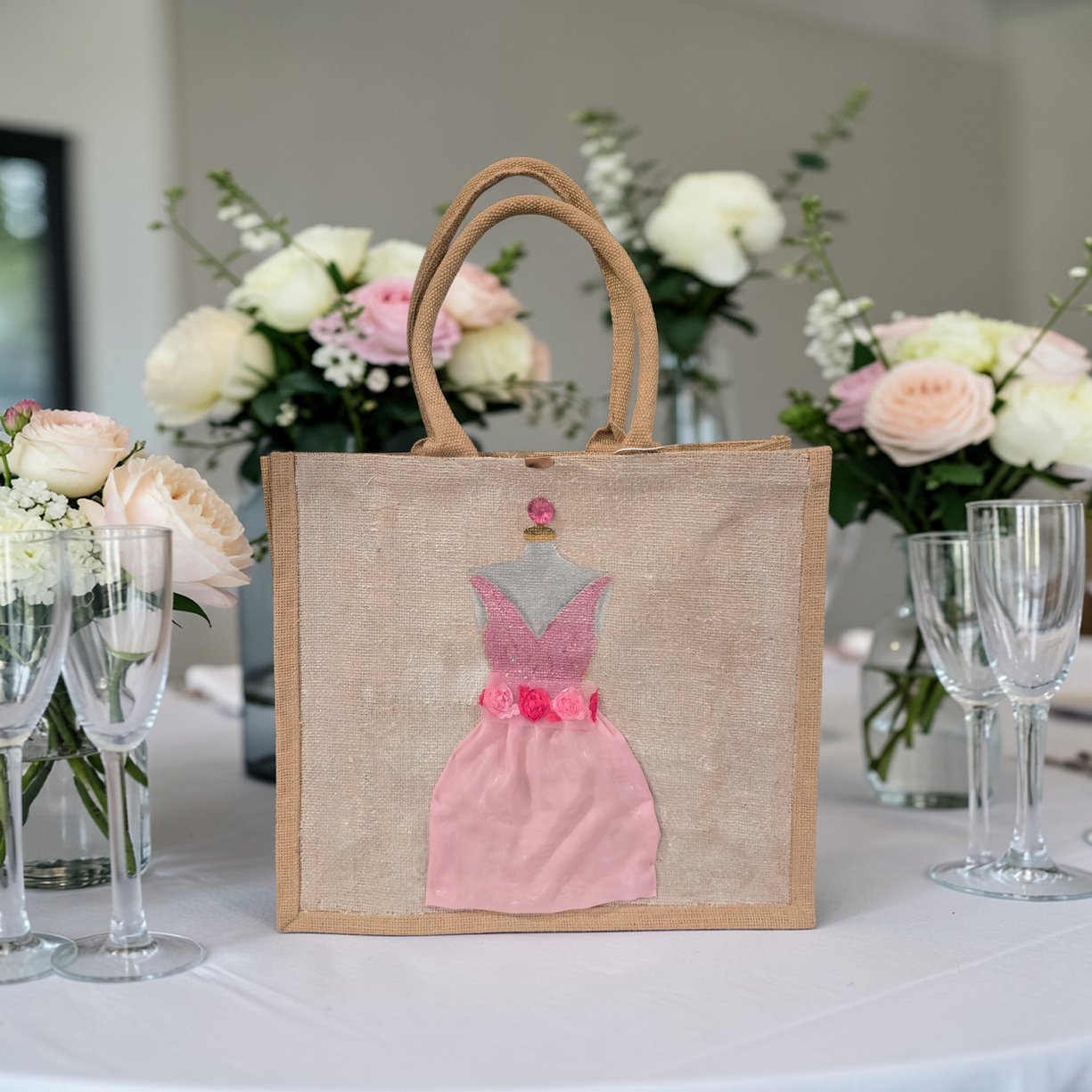 Hand-painted jute tote bag featuring a blush pink bridesmaid dress with floral details on a natural canvas background