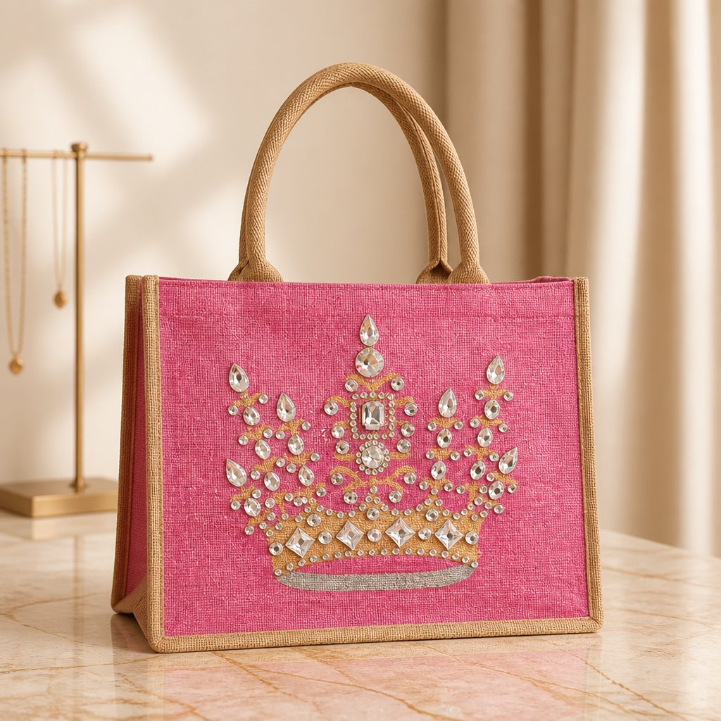 Hand-painted pink jute tote bag featuring an embellished gold crown design with sparkling rhinestones and jewel accents, finished with natural burlap handles and sides.