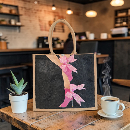 Hand-painted tote bag featuring a pink high heel with bows on a black background with dimensional ribbon accents