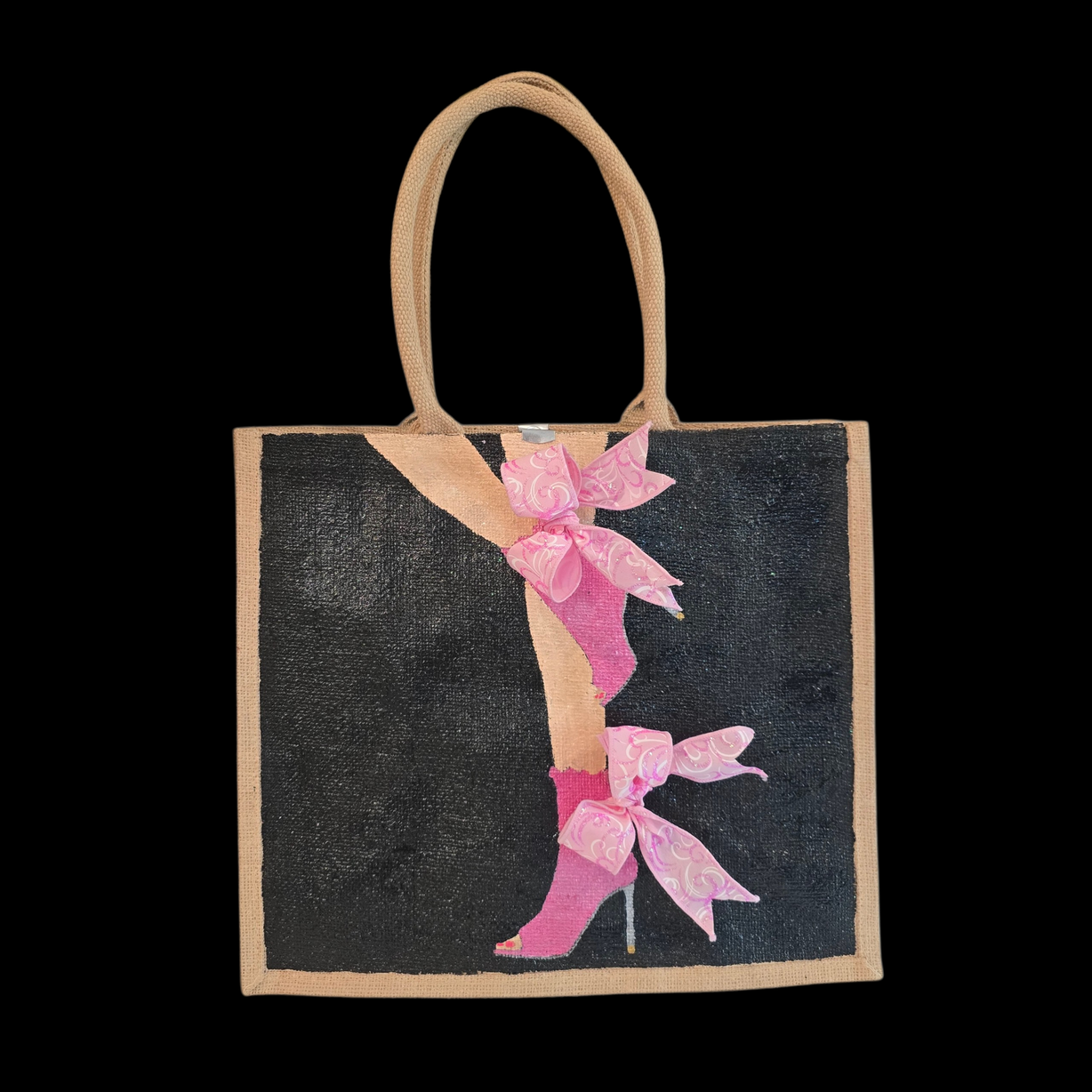 Hand-painted tote bag featuring a pink high heel with bows on a black background with dimensional ribbon accents