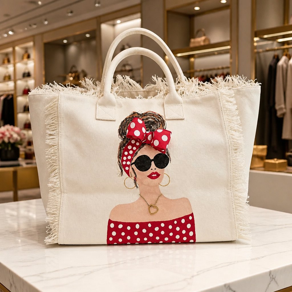 Red polka dot Scarlet Muse hand-painted fringed tote displayed in an elegant boutique setting